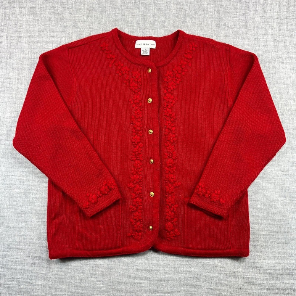 Vintage 90s Croft & Barrow Women M Red Embroidered Cardigan Sweater Hong Kong